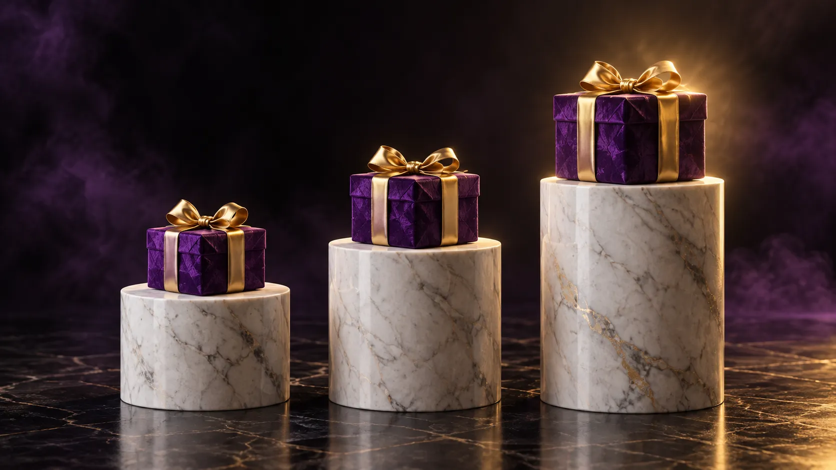 Three raised plinths styled like a podium, echoing the staged Here2Win Casino welcome deposits