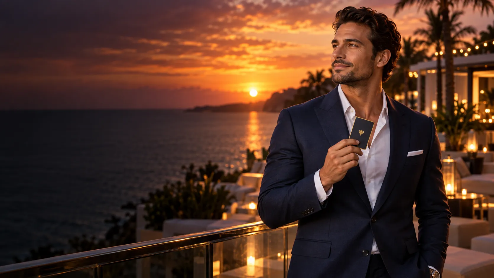 Man holding a hotel key card at a beach club at sunset, standing in for easy access to Here2Win Casino support