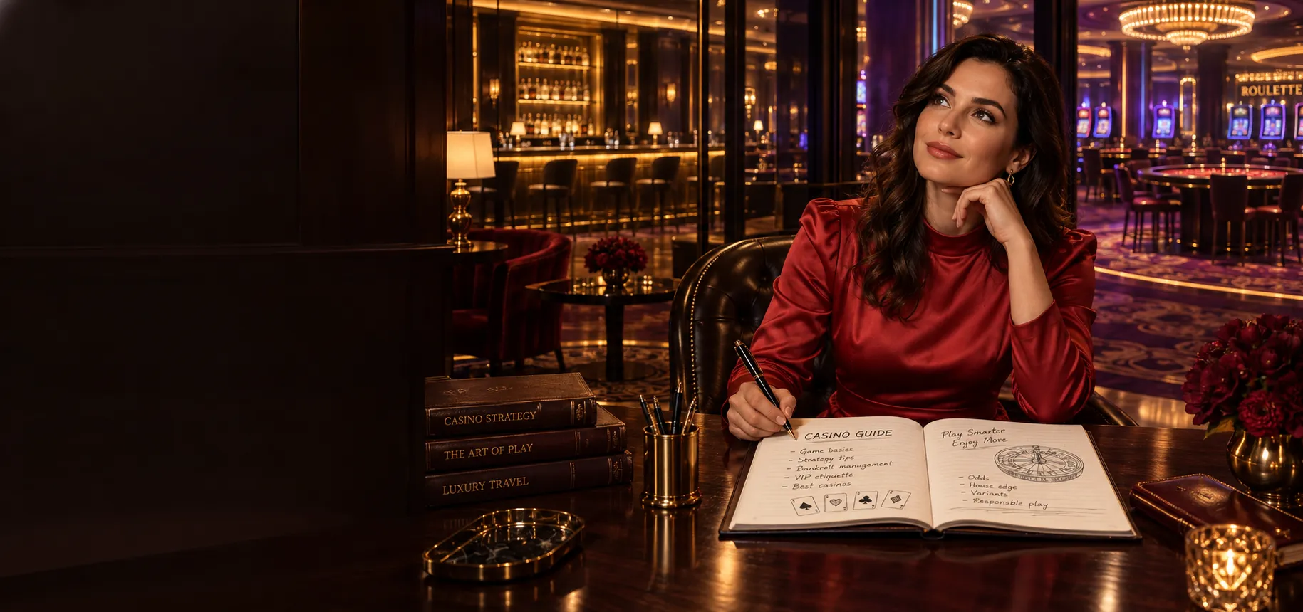 Woman writing notes at a desk overlooking a private club and casino floor