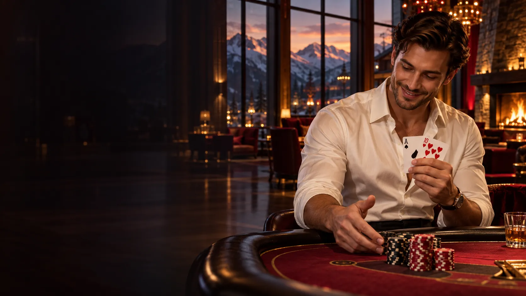 Man celebrating a winning blackjack hand at an alpine casino lodge table