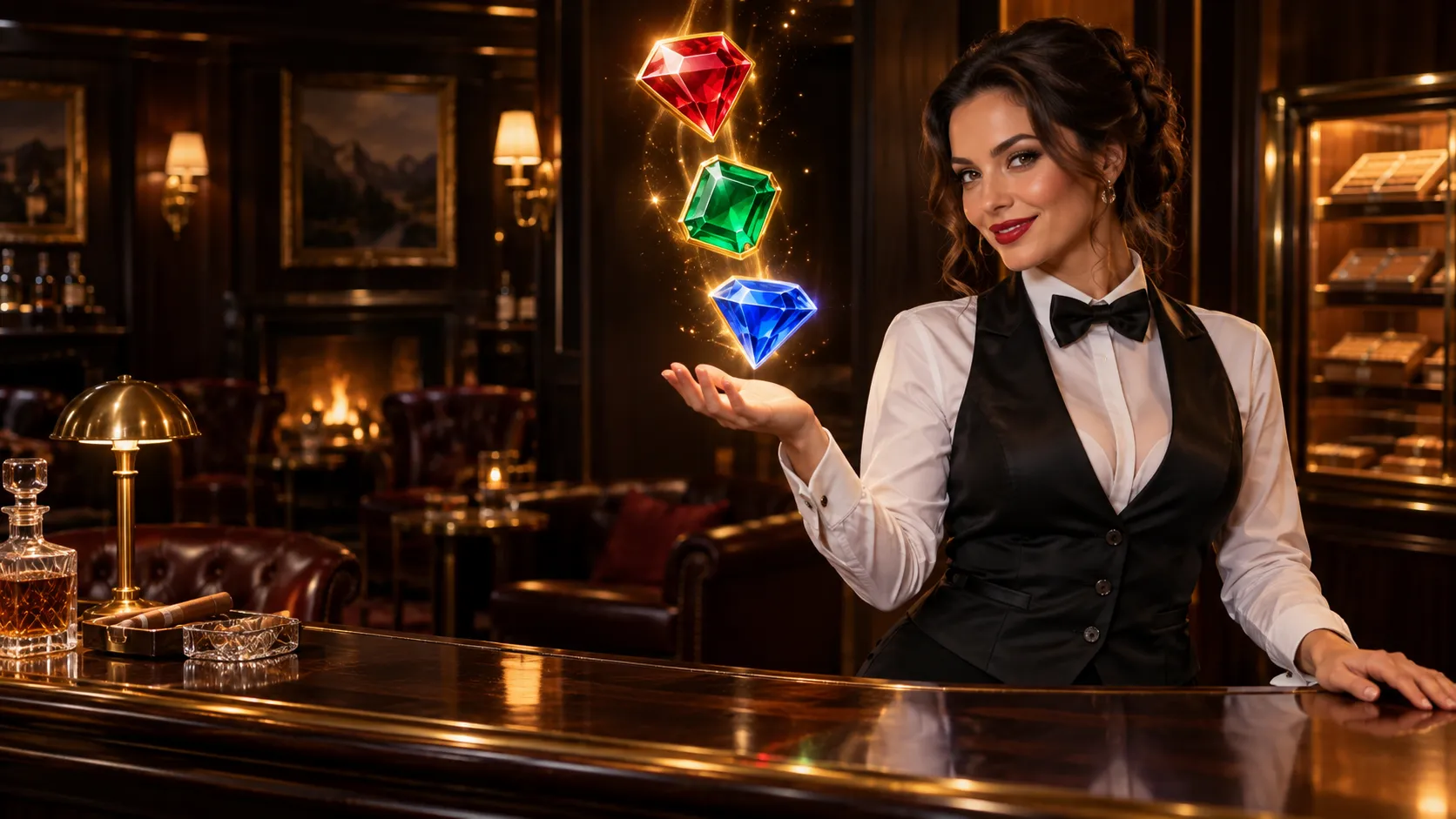 Croupier gesturing toward glowing gem slot symbols in a cigar lounge
