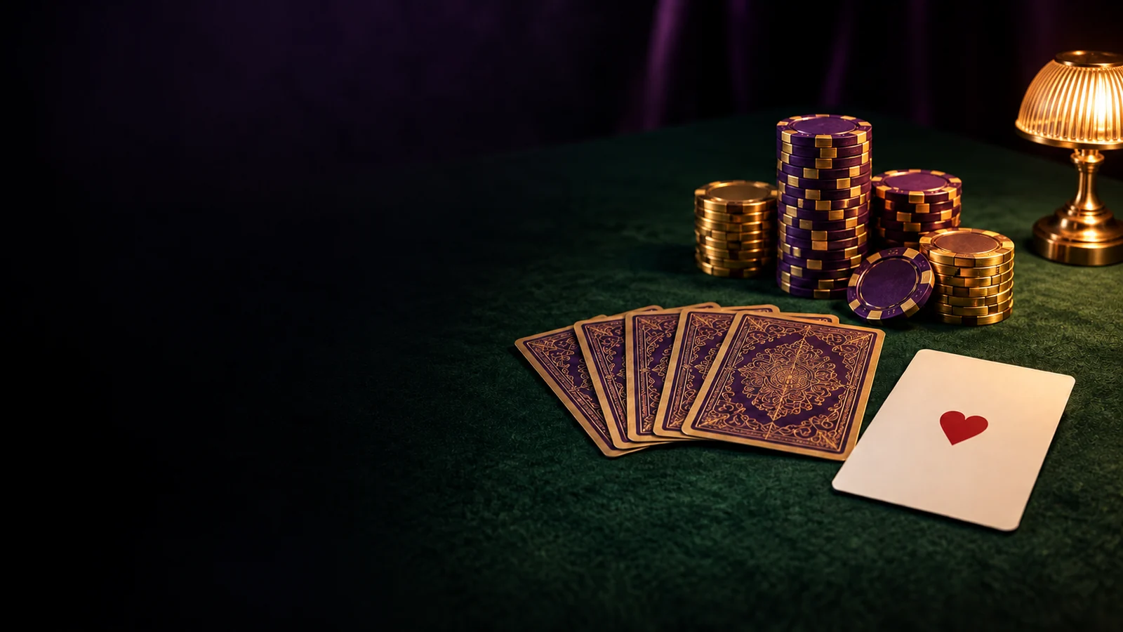 Casino chips stacked beside fanned playing cards on green felt
