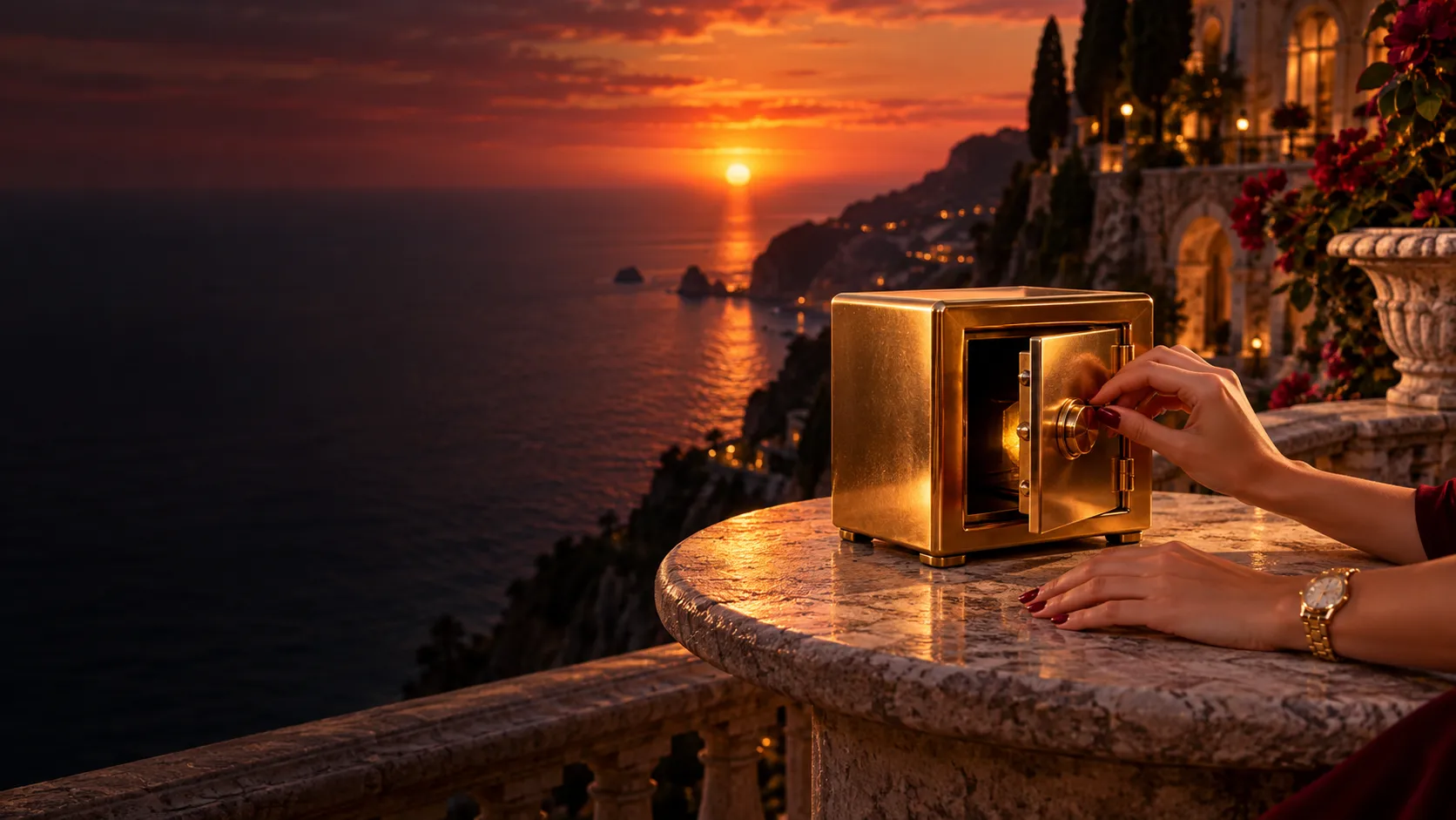 Hands opening a small gold safe on a cliffside terrace at sunset, standing in for a Here2Win Casino withdrawal