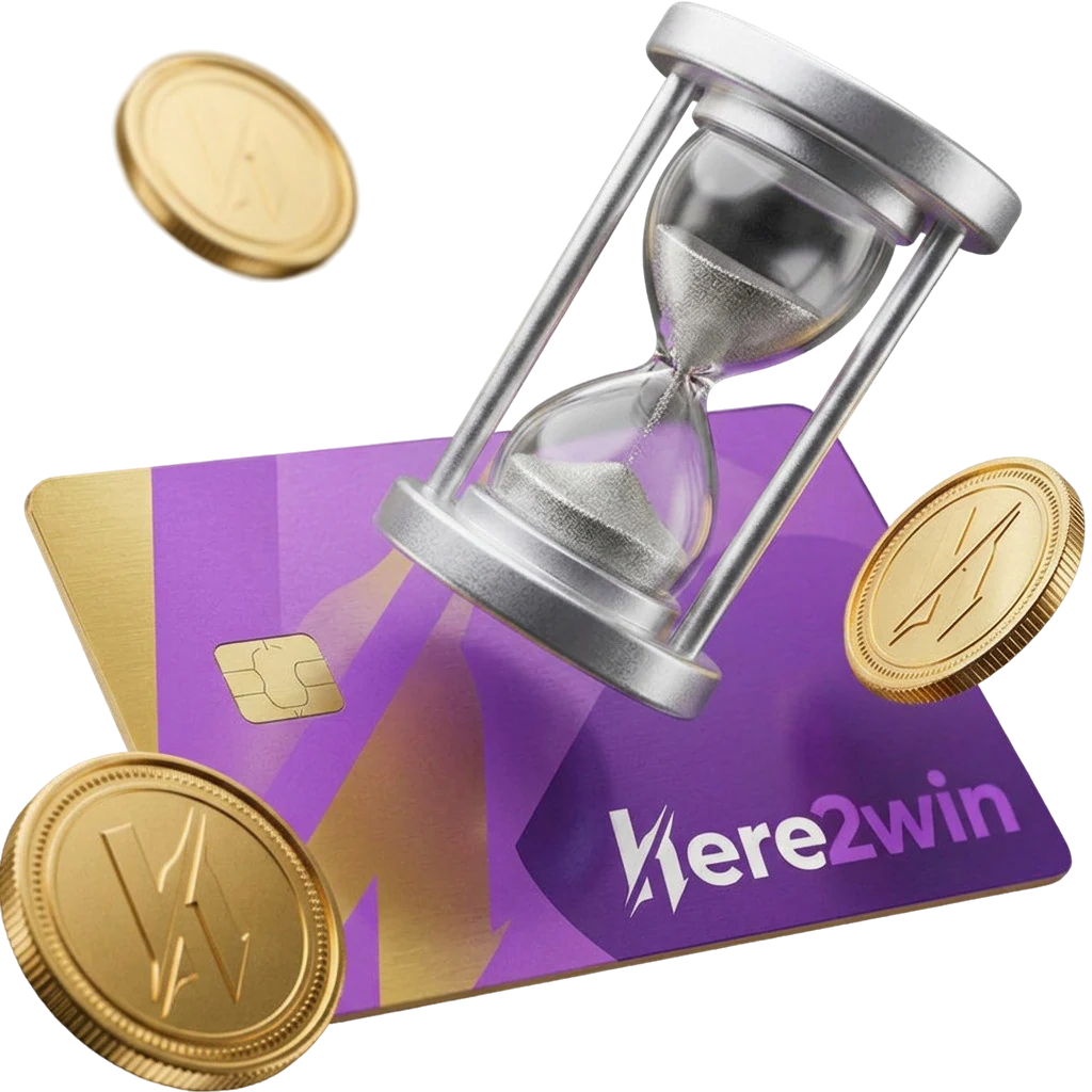 Silver hourglass resting on a purple bank card, symbolising the wait before a withdrawal clears verification
