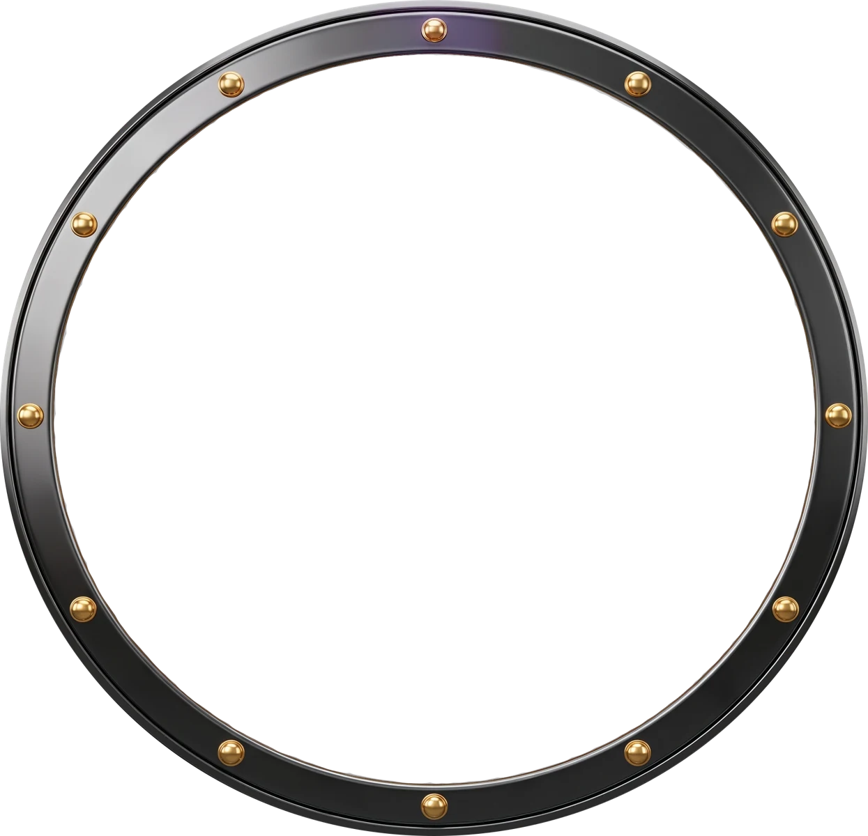 Dark metal circular frame with gold rivets