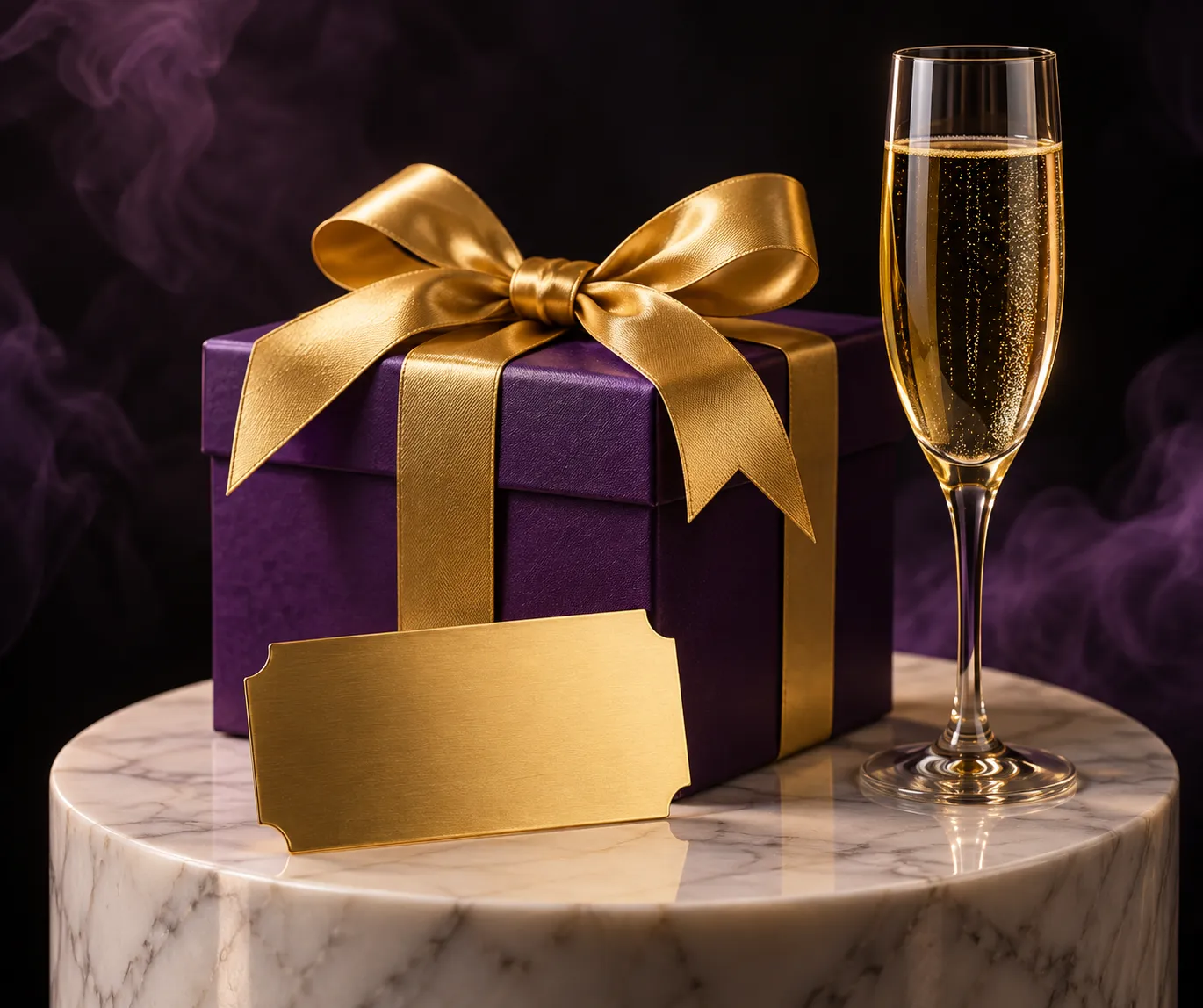 Gift box and ticket displayed on a pedestal, marking the Here2Win Casino bonus activation step