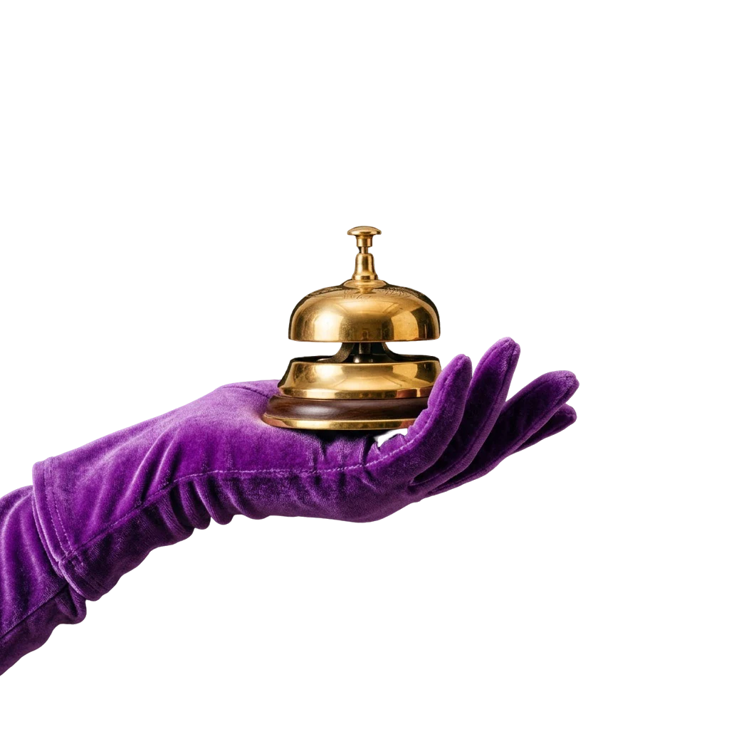 A gold service bell raised in a gloved hand, standing in for calling on Here2Win Casino support